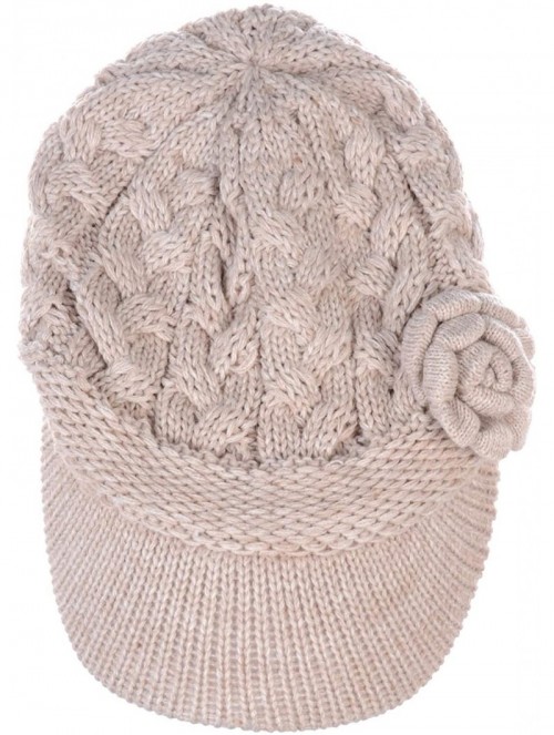 Skullies & Beanies Women's Winter Fleece Lined Elegant Flower Cable Knit Newsboy Cabbie Hat - Lt. Beige Cable Flower - C718II...