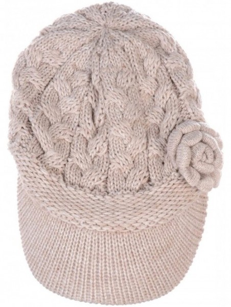 Skullies & Beanies Women's Winter Fleece Lined Elegant Flower Cable Knit Newsboy Cabbie Hat - Lt. Beige Cable Flower - C718II...