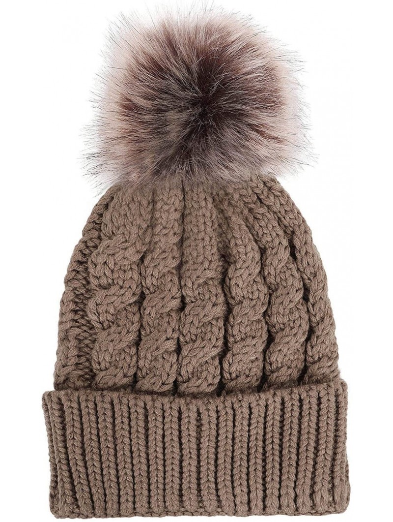 Skullies & Beanies Winter Hand Knit Beanie Hat with Faux Fur Pompom - Khaki - CI12MA1R3KB $19.28