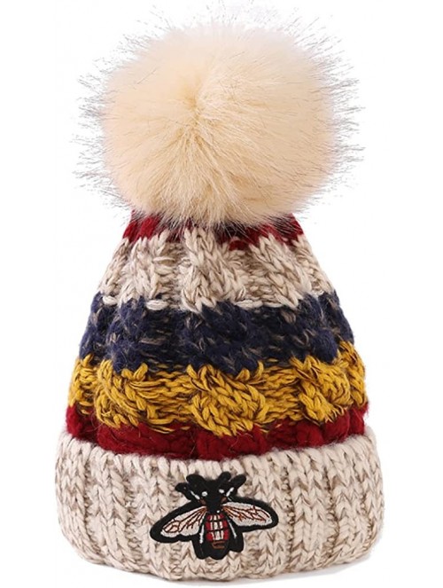 Skullies & Beanies Funky Warm Soft Winter Thick Knit Hats Cap Faux Fur Pom Beanie - Beige - CR1896XT427 $12.93