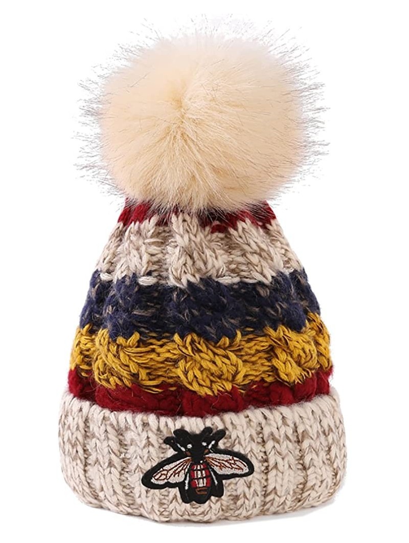 Skullies & Beanies Funky Warm Soft Winter Thick Knit Hats Cap Faux Fur Pom Beanie - Beige - CR1896XT427 $12.93