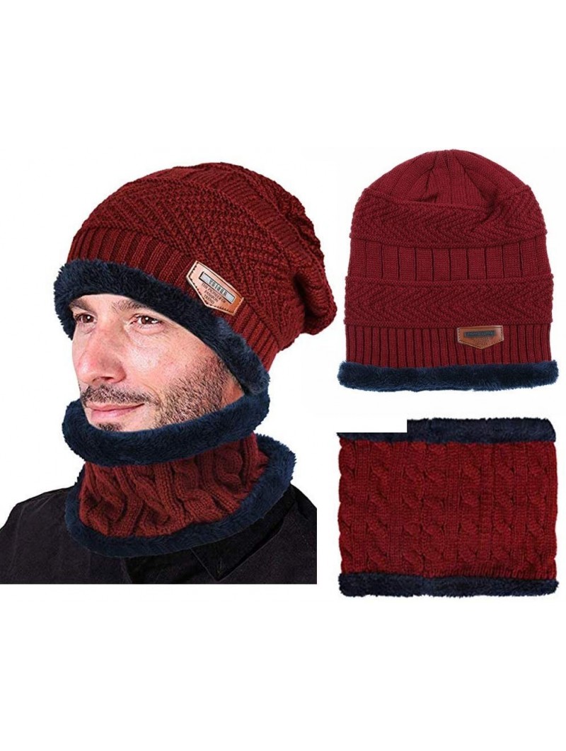 Skullies & Beanies Winter Knit Plus Velvet hat Collar - Simple Autumn and Winter Windproof Warm Collar(Wine red) - Red - CM18...