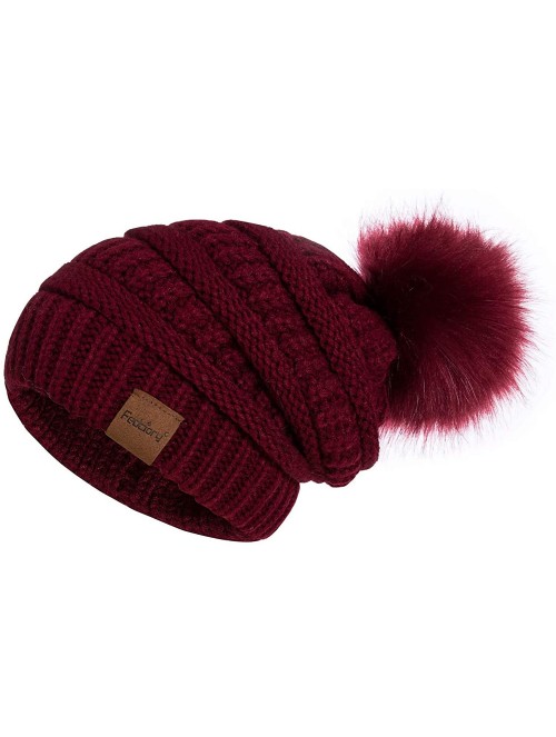 Skullies & Beanies Womens Winter Slouchy Beanie Hat- Knit Warm Fleece Lined Thick Thermal Soft Ski Cap with Pom Pom - Burgund...