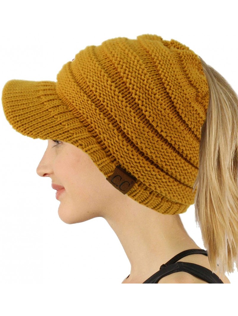 Skullies & Beanies Ponytail Visor Brim Messy Bun BeanieTail Stretchy Knit Beanie Sun Hat - Solid Mustard - C118KA4D6ZL $13.06