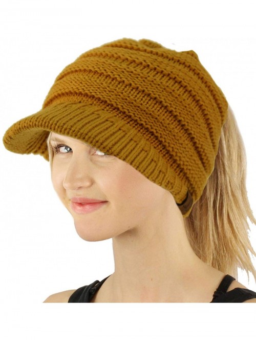 Skullies & Beanies Ponytail Visor Brim Messy Bun BeanieTail Stretchy Knit Beanie Sun Hat - Solid Mustard - C118KA4D6ZL $13.06