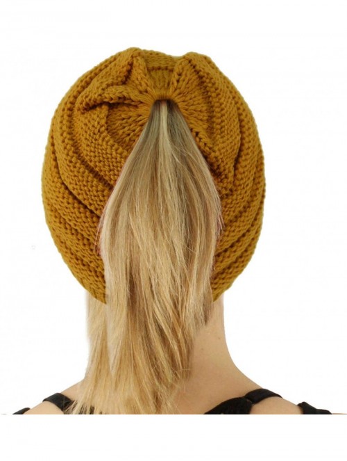 Skullies & Beanies Ponytail Visor Brim Messy Bun BeanieTail Stretchy Knit Beanie Sun Hat - Solid Mustard - C118KA4D6ZL $13.06