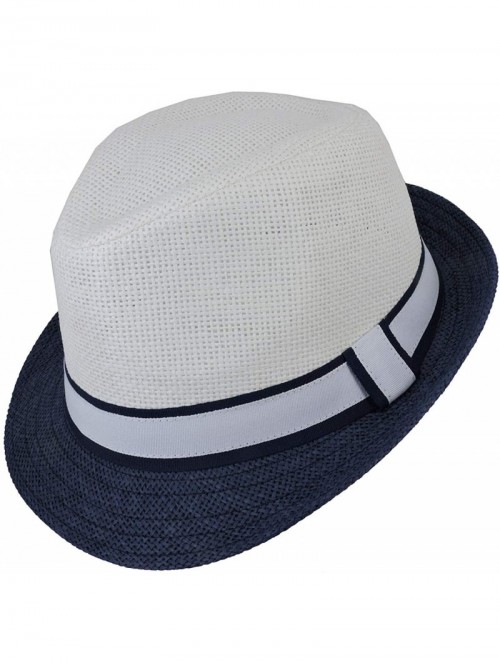 Fedoras Fedora Straw Hat for Mens Women Sun Beach Derby Panama Summer Hats w Brim Black to White - Navy White - CN184XLXZ3L $...