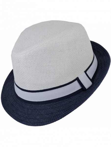 Fedoras Fedora Straw Hat for Mens Women Sun Beach Derby Panama Summer Hats w Brim Black to White - Navy White - CN184XLXZ3L $...