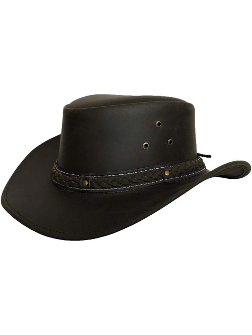 Cowboy Hats Mens Cowboy Down Under Leather Aussie Hat Wide Brim - Brown - C518L50H8TD $42.23