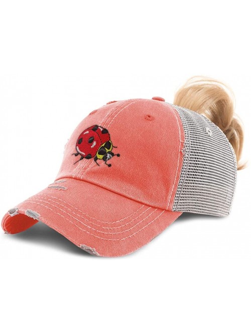 Baseball Caps Custom Womens Ponytail Cap Ladybug Embroidery Messy Bun Distressed Trucker Hats - Coral Design Only - CV195WRR8...