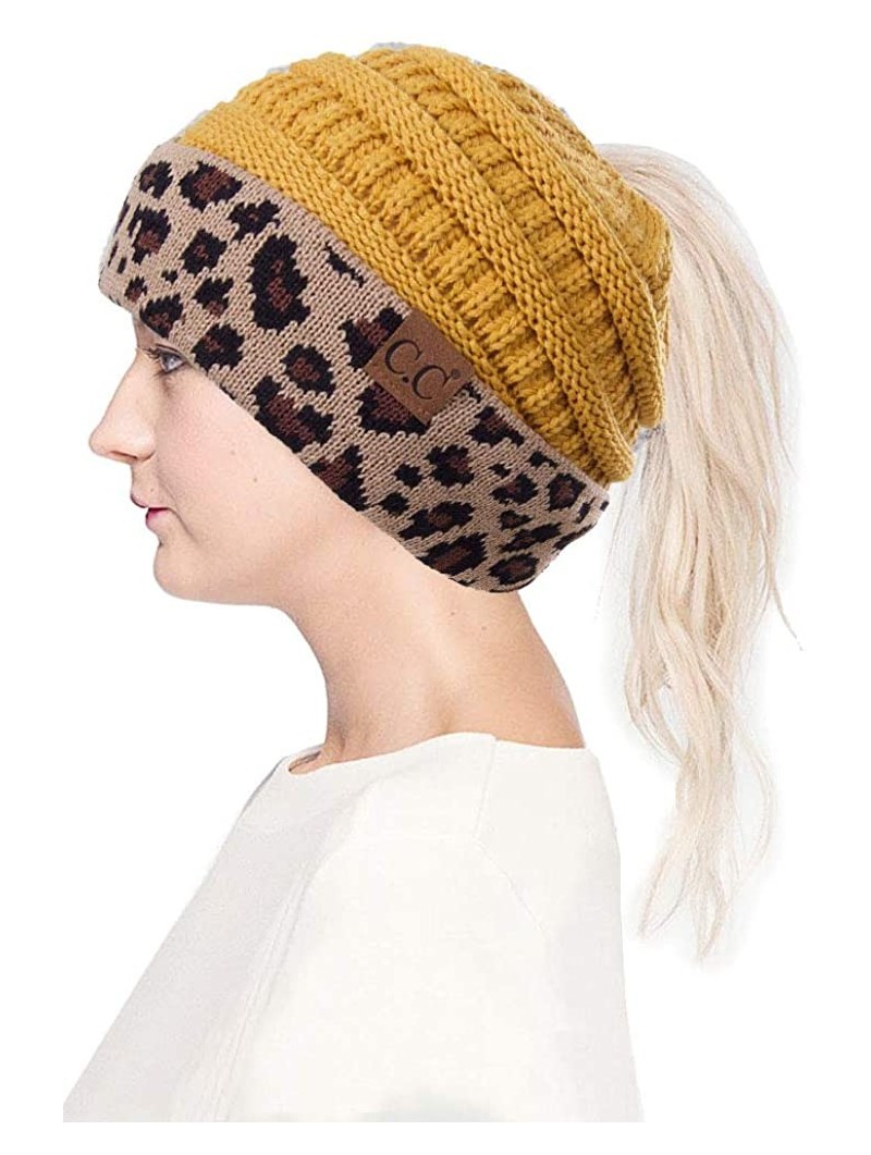 Skullies & Beanies Women Classic Solid Color with Leopard Cuff Ponytail Messy Bun Beanie Skull Cap - Mustard - CN18K0RR2UT $1...