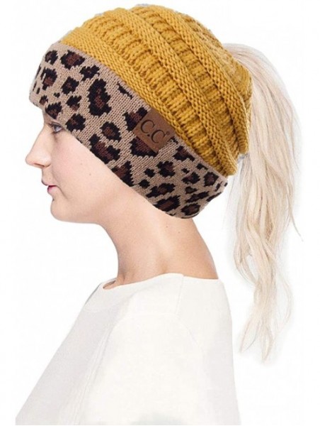 Skullies & Beanies Women Classic Solid Color with Leopard Cuff Ponytail Messy Bun Beanie Skull Cap - Mustard - CN18K0RR2UT $1...