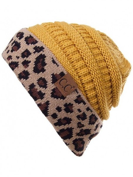 Skullies & Beanies Women Classic Solid Color with Leopard Cuff Ponytail Messy Bun Beanie Skull Cap - Mustard - CN18K0RR2UT $1...