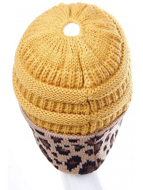 Skullies & Beanies Women Classic Solid Color with Leopard Cuff Ponytail Messy Bun Beanie Skull Cap - Mustard - CN18K0RR2UT $1...