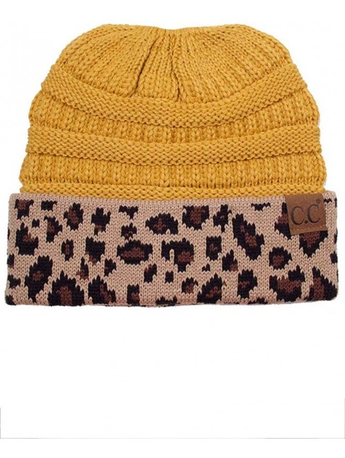 Skullies & Beanies Women Classic Solid Color with Leopard Cuff Ponytail Messy Bun Beanie Skull Cap - Mustard - CN18K0RR2UT $1...