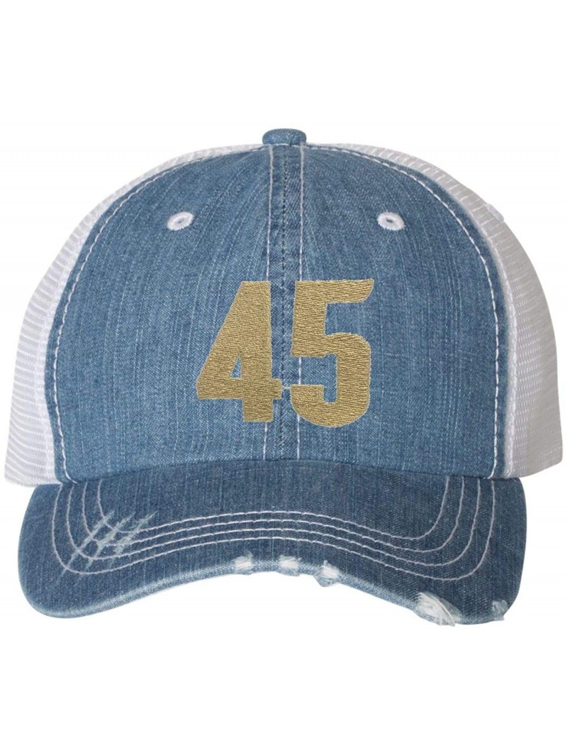 Baseball Caps Adult Gold 45 Embroidered Distressed Trucker Cap - Blue Denim/ White - CW18HW67LRK $38.45