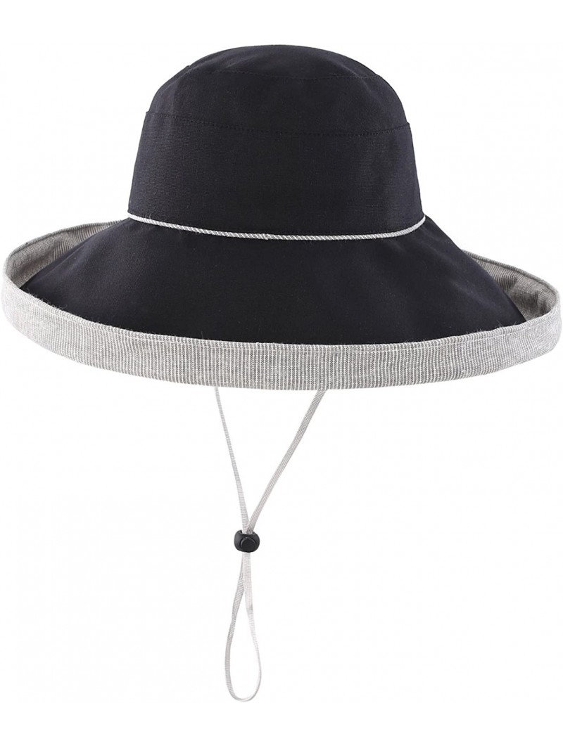 Sun Hats Women's Cotton Fold Up Wide Brim Sun Bucket Hat UPF50 Beach Sun Hat - Black - CJ17YHHCQNM $18.15