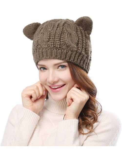 Skullies & Beanies Women's Hat Cat Ear Crochet Braided Knit Caps - Khaki - CG12N7DMNIX $16.35