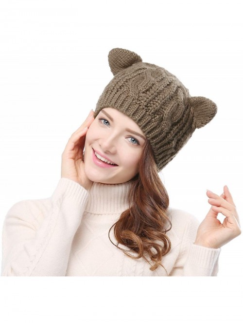 Skullies & Beanies Women's Hat Cat Ear Crochet Braided Knit Caps - Khaki - CG12N7DMNIX $16.35