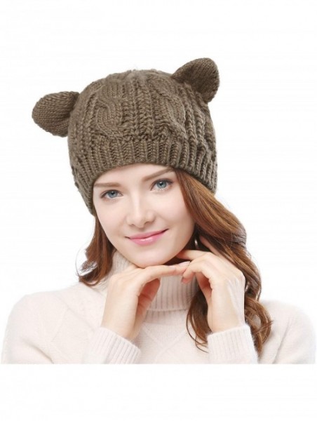 Skullies & Beanies Women's Hat Cat Ear Crochet Braided Knit Caps - Khaki - CG12N7DMNIX $16.35