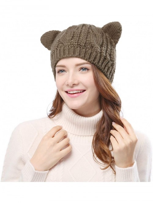 Skullies & Beanies Women's Hat Cat Ear Crochet Braided Knit Caps - Khaki - CG12N7DMNIX $16.35