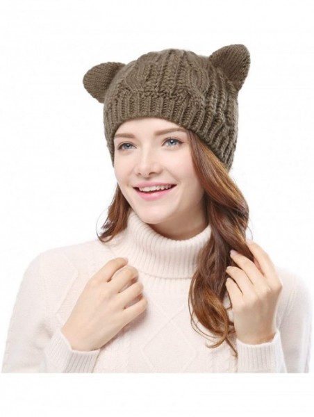 Skullies & Beanies Women's Hat Cat Ear Crochet Braided Knit Caps - Khaki - CG12N7DMNIX $16.35