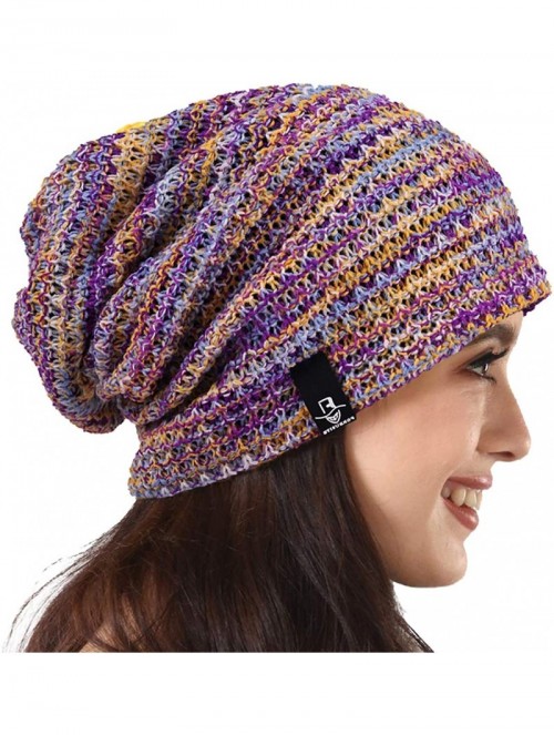 Berets Women's Knit Slouchy Beanie Baggy Skull Cap Turban Winter Summer Beret Hat - Purple/Yellow/White - C918U0RYA5H $17.21