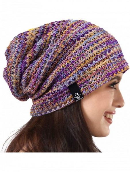 Berets Women's Knit Slouchy Beanie Baggy Skull Cap Turban Winter Summer Beret Hat - Purple/Yellow/White - C918U0RYA5H $17.21