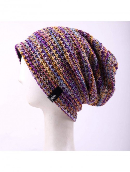 Berets Women's Knit Slouchy Beanie Baggy Skull Cap Turban Winter Summer Beret Hat - Purple/Yellow/White - C918U0RYA5H $17.21