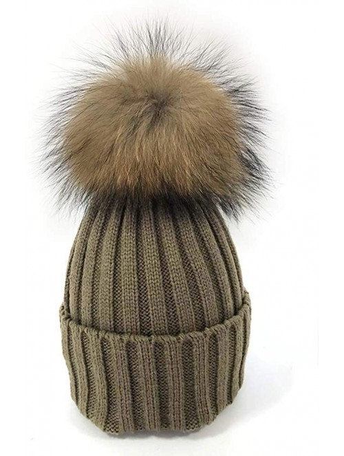 Skullies & Beanies Women Cable Knit Beanie Raccoon Fur Fuzzy Pompom Chunky Winter Stretch Skull Cap Cuff Hat - 23khaki - CR18...