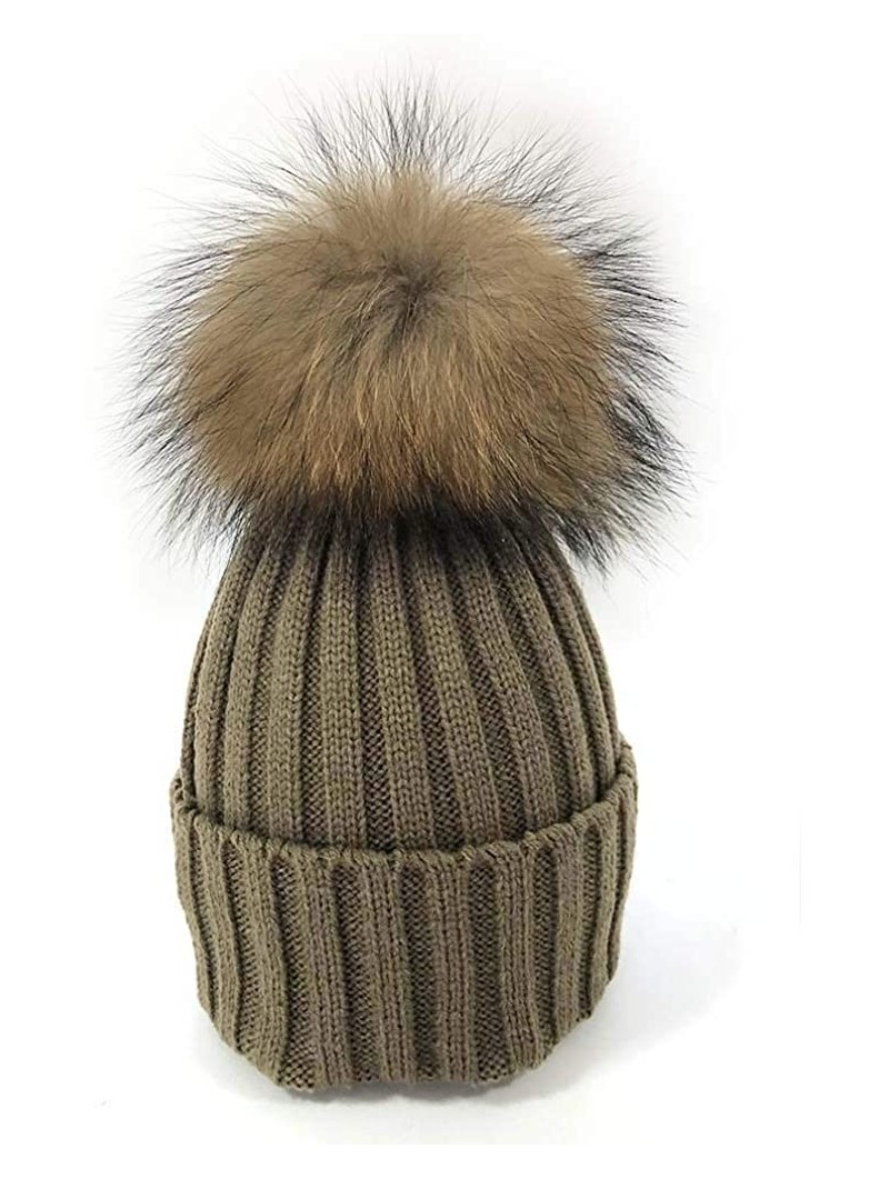 Skullies & Beanies Women Cable Knit Beanie Raccoon Fur Fuzzy Pompom Chunky Winter Stretch Skull Cap Cuff Hat - 23khaki - CR18...