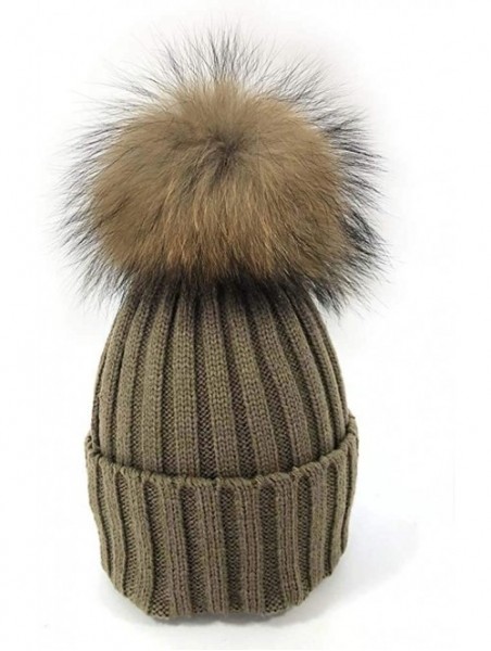 Skullies & Beanies Women Cable Knit Beanie Raccoon Fur Fuzzy Pompom Chunky Winter Stretch Skull Cap Cuff Hat - 23khaki - CR18...