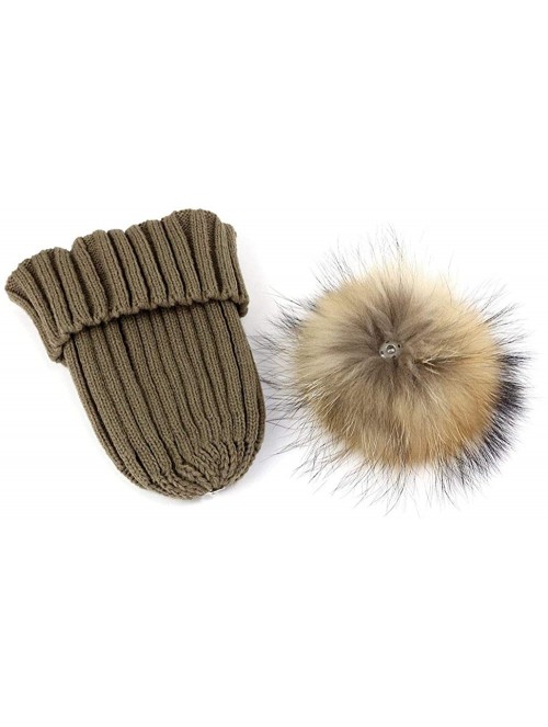 Skullies & Beanies Women Cable Knit Beanie Raccoon Fur Fuzzy Pompom Chunky Winter Stretch Skull Cap Cuff Hat - 23khaki - CR18...