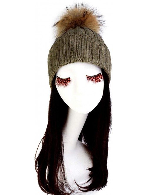 Skullies & Beanies Women Cable Knit Beanie Raccoon Fur Fuzzy Pompom Chunky Winter Stretch Skull Cap Cuff Hat - 23khaki - CR18...