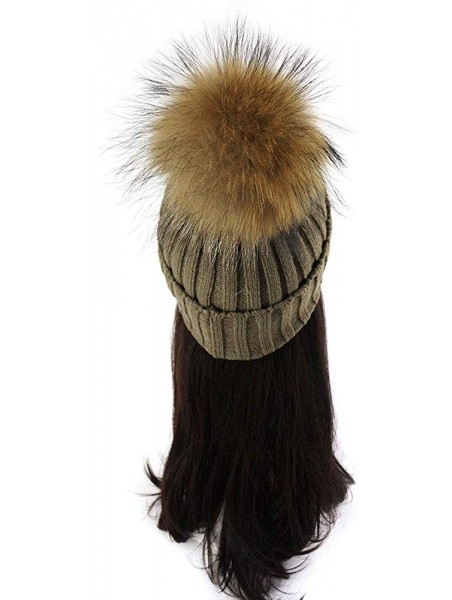 Skullies & Beanies Women Cable Knit Beanie Raccoon Fur Fuzzy Pompom Chunky Winter Stretch Skull Cap Cuff Hat - 23khaki - CR18...