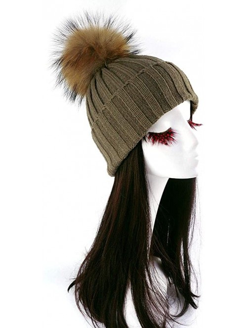 Skullies & Beanies Women Cable Knit Beanie Raccoon Fur Fuzzy Pompom Chunky Winter Stretch Skull Cap Cuff Hat - 23khaki - CR18...