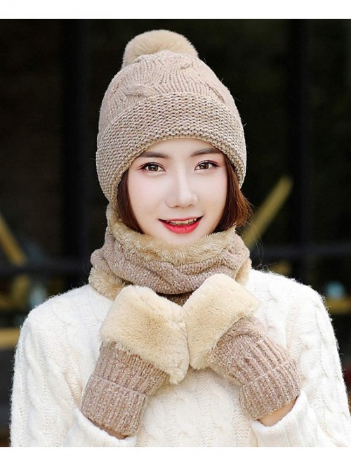 Skullies & Beanies Women's Chenille Hat Scarf and Gloves Set Thick Winter Warm Set 3pcs - Khaki - CK18ZKGTE9A $19.67