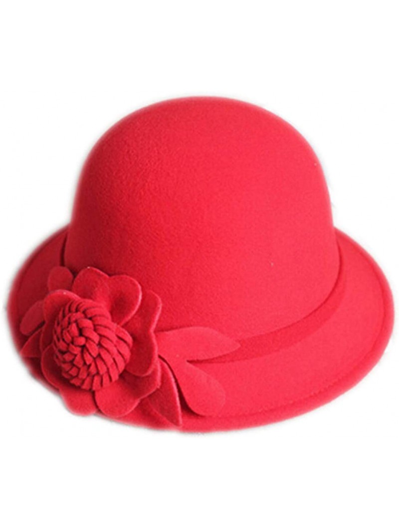 Bucket Hats Women Solid Color Winter Hat Flower 100% Wool Cloche Bucket Hat - Y-red - CK1935GTC8T $19.72