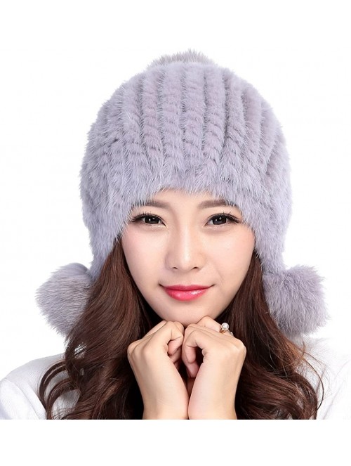 Skullies & Beanies Womens Winter Hat Knitted Mink Fur Hats Fox Pom Pom - Blue Iris - CW12N276Z4M $41.06