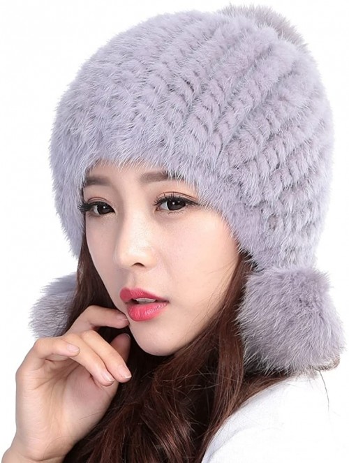 Skullies & Beanies Womens Winter Hat Knitted Mink Fur Hats Fox Pom Pom - Blue Iris - CW12N276Z4M $41.06