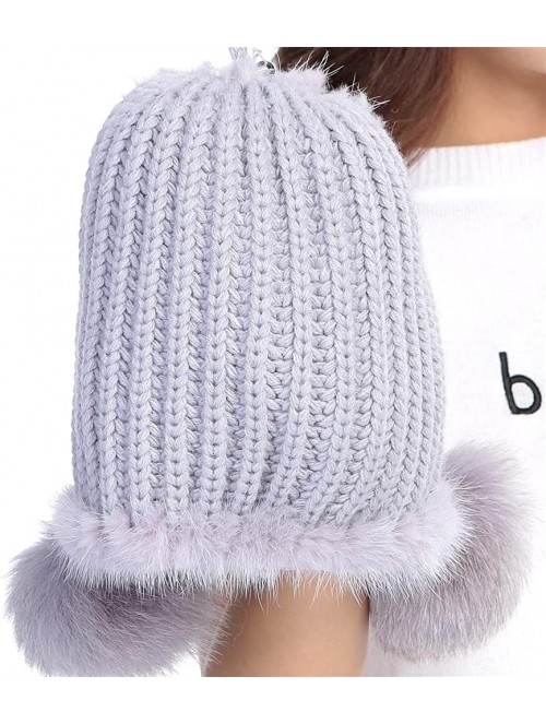 Skullies & Beanies Womens Winter Hat Knitted Mink Fur Hats Fox Pom Pom - Blue Iris - CW12N276Z4M $41.06