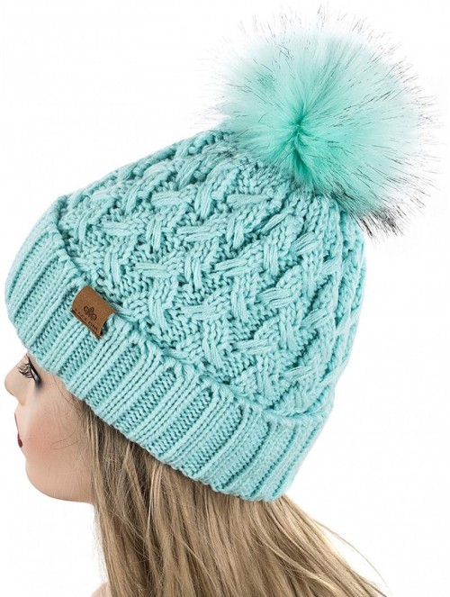 Skullies & Beanies Womens Winter Ribbed Beanie Crossed Cap Chunky Cable Knit Pompom Soft Warm Hat - Mint - C518MH476NT $18.04