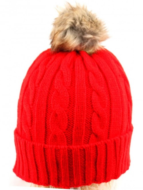 Skullies & Beanies Women's Thick Cable Knit Beanie Hat with Soft Faux Fur Pom Pom - Red - CR12NRHWAPO $9.09
