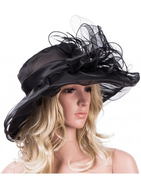 Sun Hats Womens Kentucky Derby Wide Brim Sun Dress Church Wedding Hat A342 - Black - CQ12EZ1FUKB $24.31