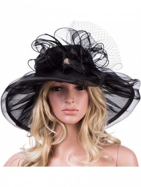 Sun Hats Womens Kentucky Derby Wide Brim Sun Dress Church Wedding Hat A342 - Black - CQ12EZ1FUKB $24.31