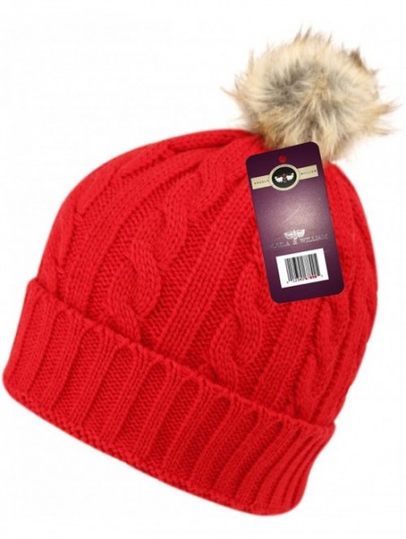 Skullies & Beanies Women's Thick Cable Knit Beanie Hat with Soft Faux Fur Pom Pom - Red - CR12NRHWAPO $9.09