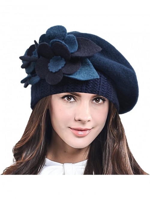 Berets Lady French Beret Wool Beret Chic Beanie Winter Hat Jf-br034 - Floral Navy - C712OB9VGF5 $20.22