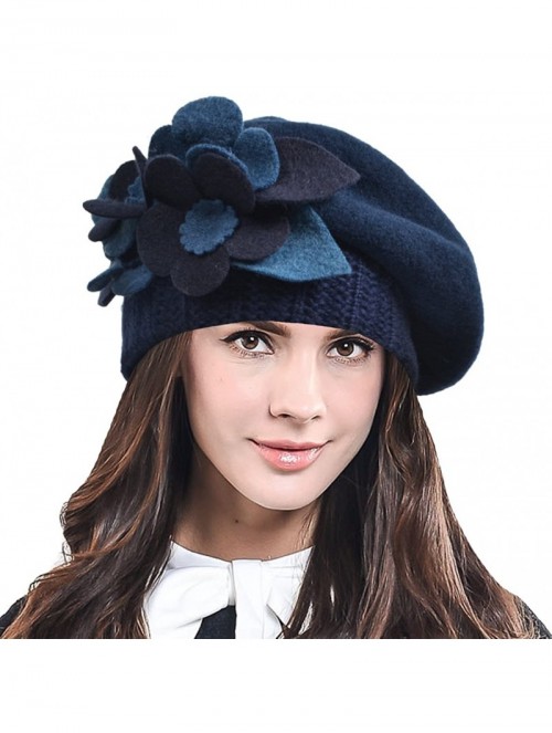 Berets Lady French Beret Wool Beret Chic Beanie Winter Hat Jf-br034 - Floral Navy - C712OB9VGF5 $20.22