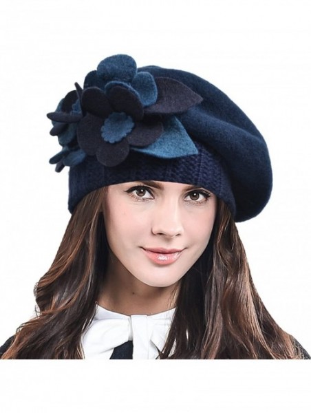 Berets Lady French Beret Wool Beret Chic Beanie Winter Hat Jf-br034 - Floral Navy - C712OB9VGF5 $20.22