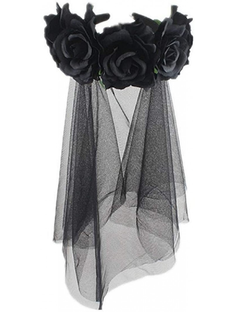 Headbands Day of The Dead Rose Veil Headpiece Flower Crown Festival Headband with Ribbon HC34 - C-black Veil - C718LOK6H4Q $1...